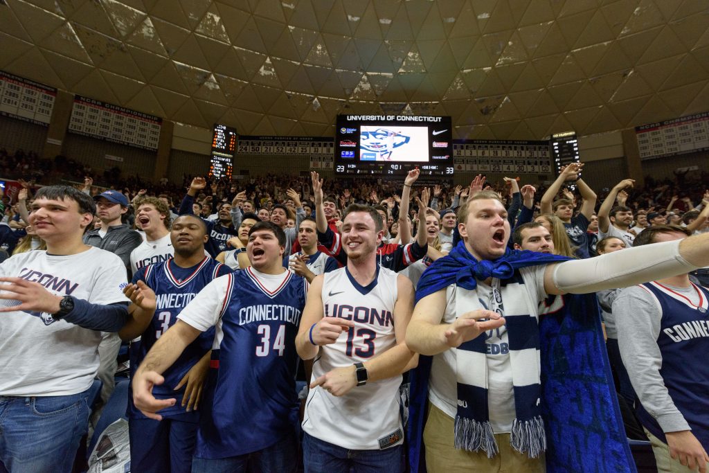 Students cheer during a men's basketball game at Gampel Pavilion on March 5, 2017. (Peter Morenus/UConn Photo)